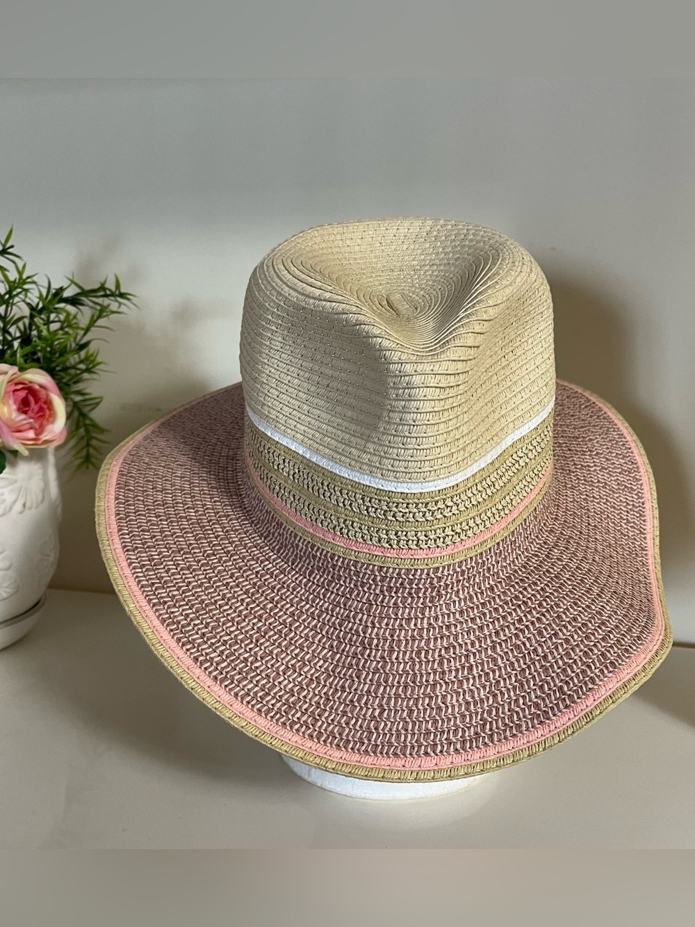 Renato Balestra Wide Brim Summer Straw Hat with Pink and Natural Stripes